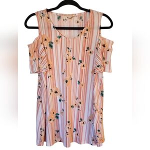CLOSET CLEAROUT Elle Floral Striped Cold Shoulder Blouse Shirt Top Tunic, Medium